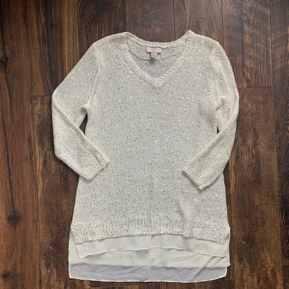 Ann Taylor LOFT Sequin Tunic Sweater L LP Petite White - Picture 3 of 4